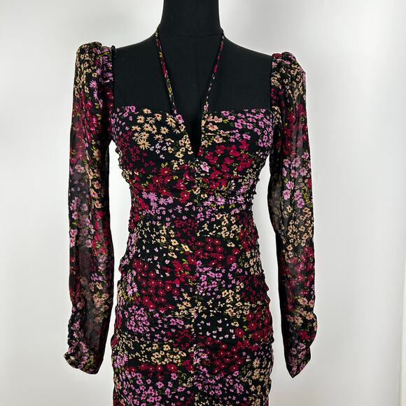 ASTR The Label Athena Midi Dress Floral Black Puff Sleeve Coquette Womens Sz XS - Picture 4 of 12